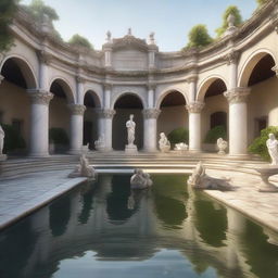 This high-quality digital art image presents a grand courtyard with a large pond at its center