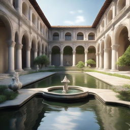 This high-quality digital art image presents a grand courtyard with a large pond at its center