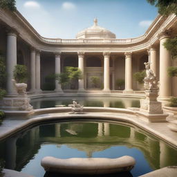 This high-quality digital art image presents a grand courtyard with a large pond at its center