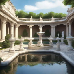 This high-quality digital art image presents a grand courtyard with a large pond at its center