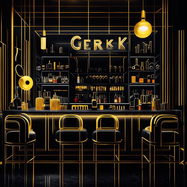 Hyper-realistic digital art of a cozy bar with black and gold decor and a glowing 'Gerçek' sign.