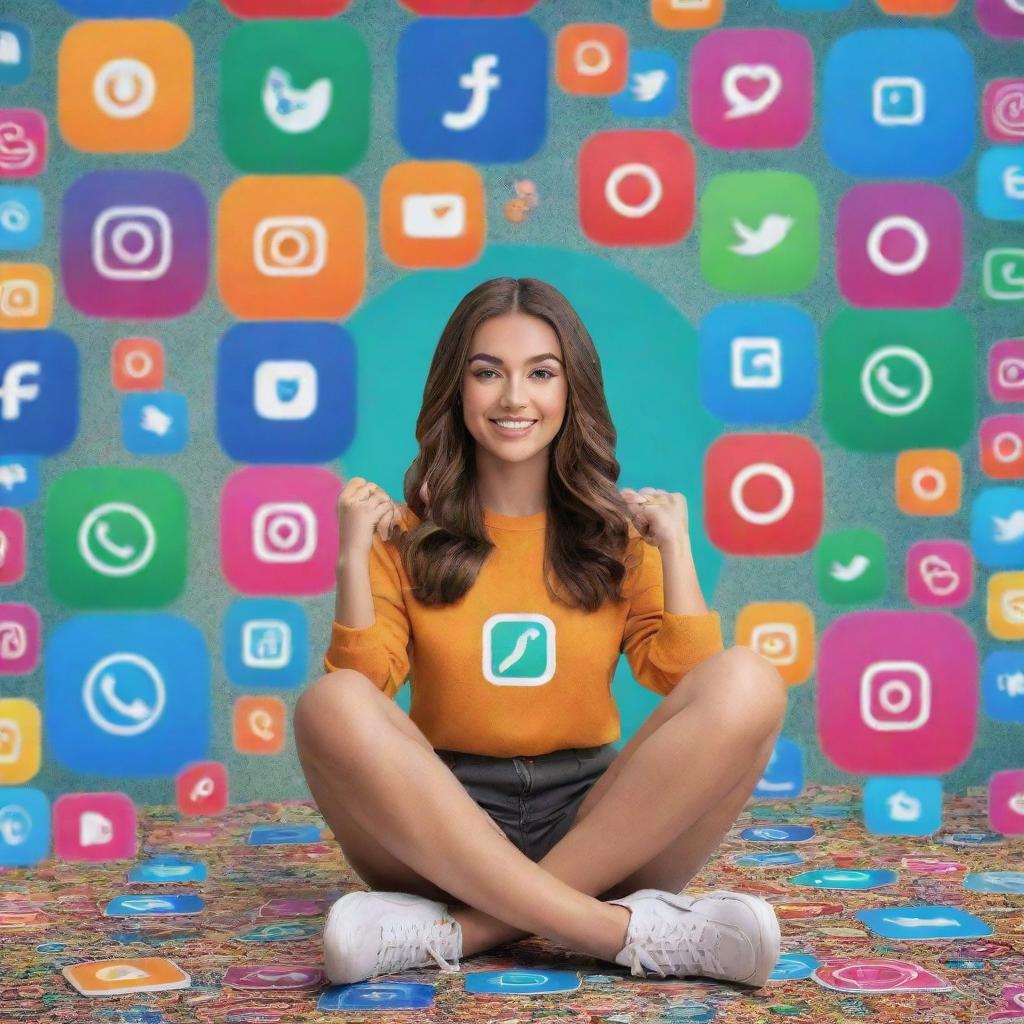 A confident young woman sitting atop a vibrant collage of Instagram, WhatsApp, and other social media logos, symbolizing a social media marketer.