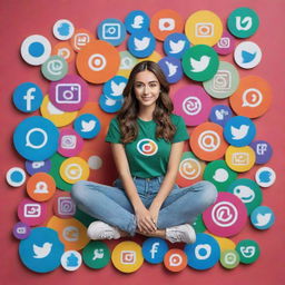 A confident young woman sitting atop a vibrant collage of Instagram, WhatsApp, and other social media logos, symbolizing a social media marketer.