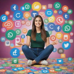 A confident young woman sitting atop a vibrant collage of Instagram, WhatsApp, and other social media logos, symbolizing a social media marketer.