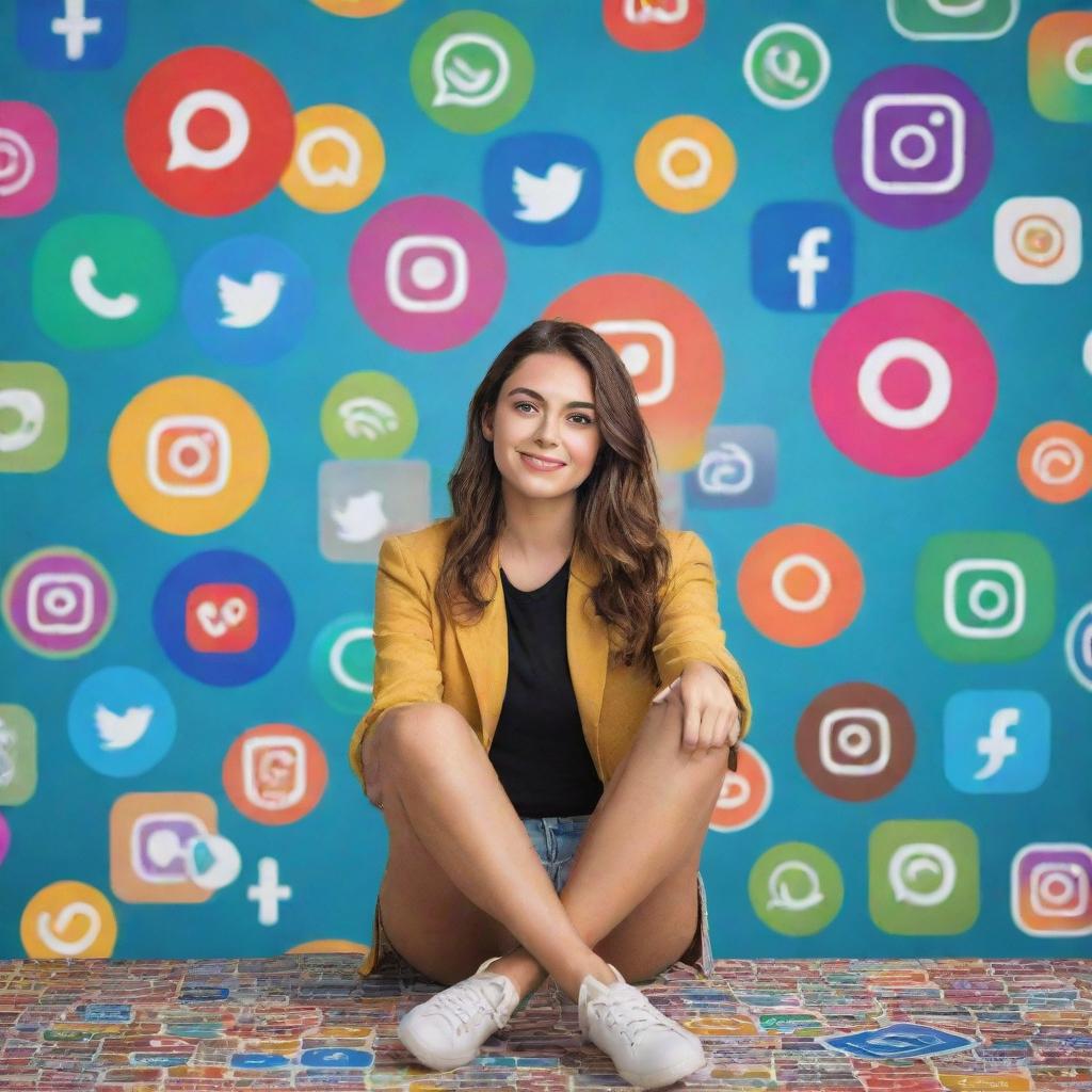 A confident young woman sitting atop a vibrant collage of Instagram, WhatsApp, and other social media logos, symbolizing a social media marketer.