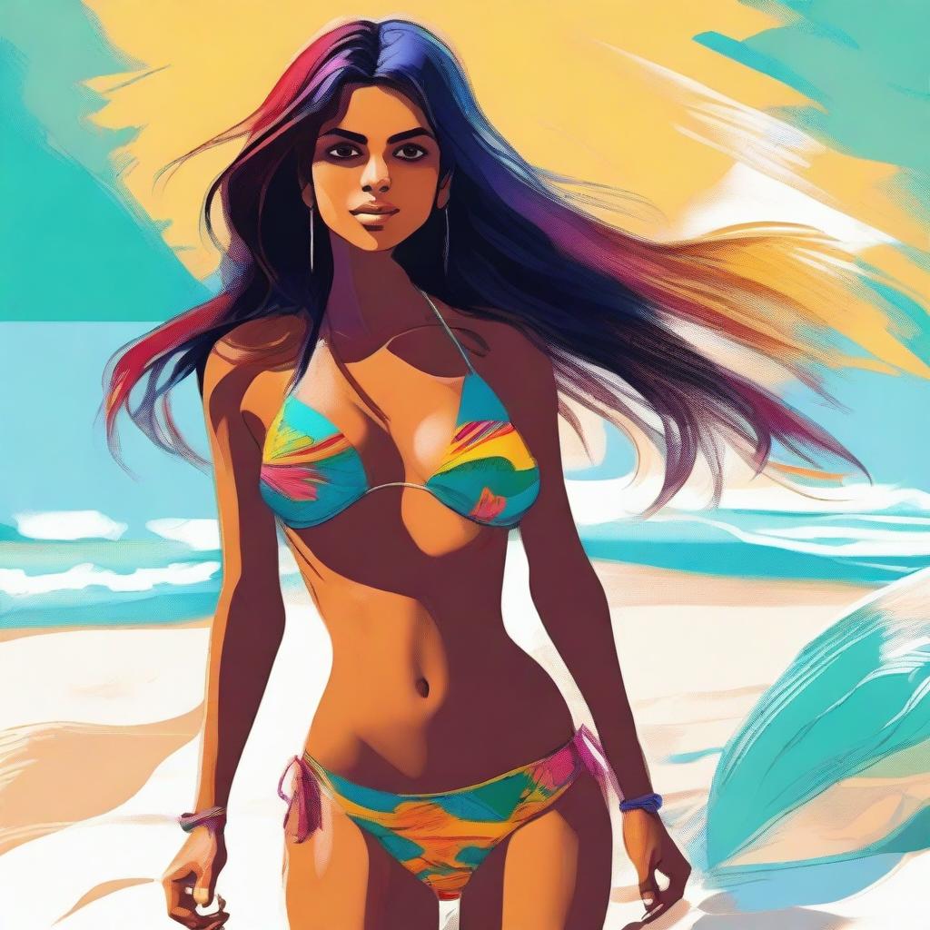 A digital art image of an Indian girl with well-defined abs, wearing a bikini, is standing on a sunny beach