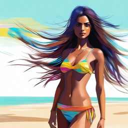 A digital art image of an Indian girl with well-defined abs, wearing a bikini, is standing on a sunny beach