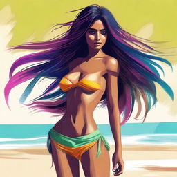 A digital art image of an Indian girl with well-defined abs, wearing a bikini, is standing on a sunny beach