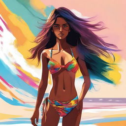 A digital art image of an Indian girl with well-defined abs, wearing a bikini, is standing on a sunny beach