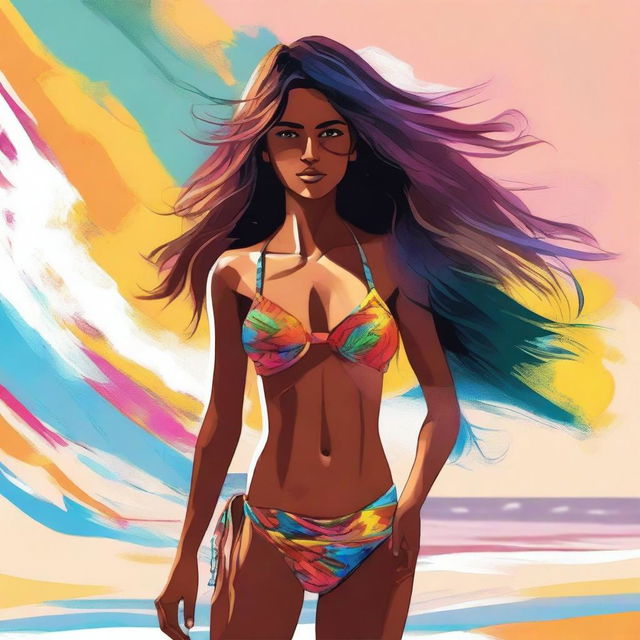 A digital art image of an Indian girl with well-defined abs, wearing a bikini, is standing on a sunny beach