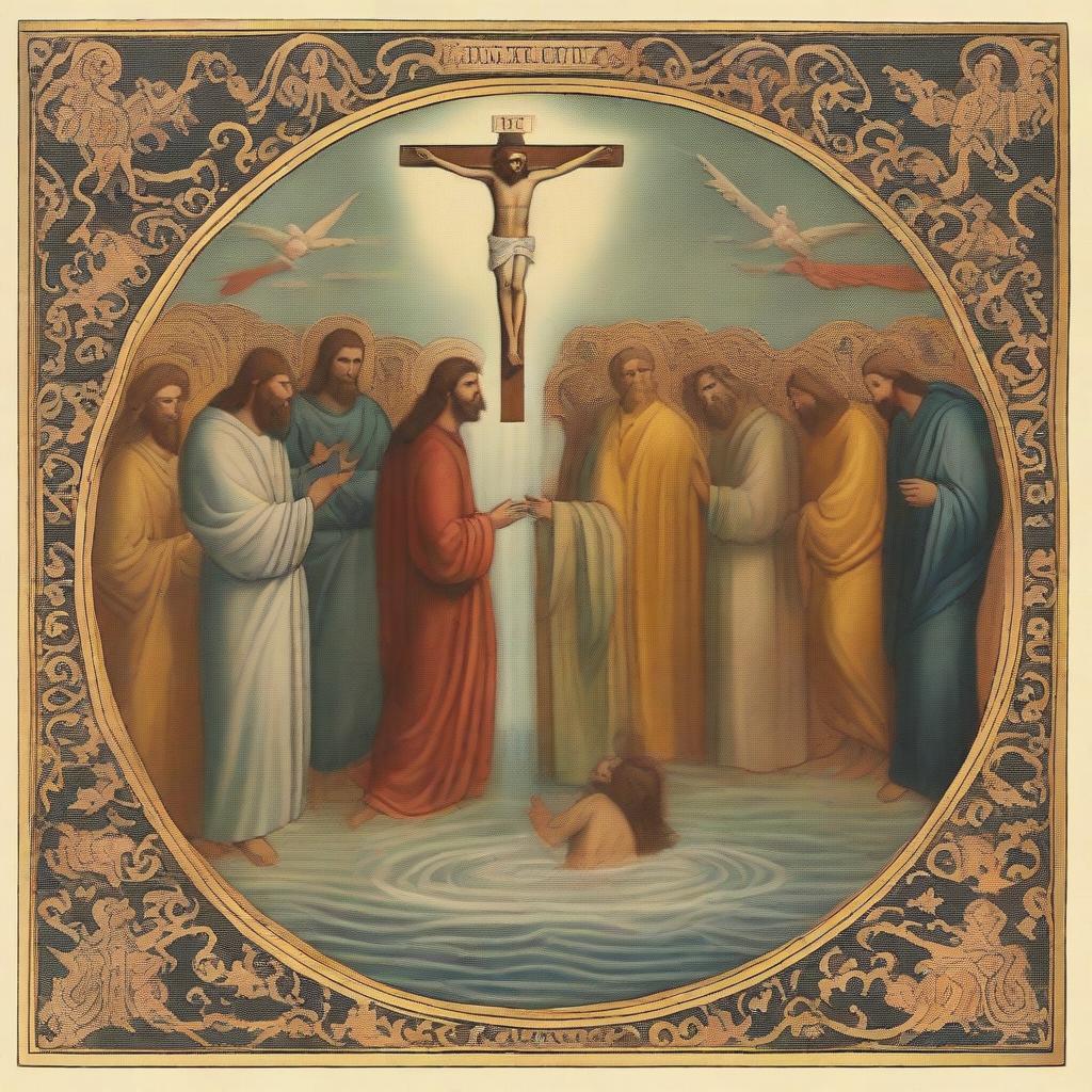 A large, high-quality digital art piece illustrating a scene from Mark's gospel, possibly Jesus' baptism, the feeding of the five thousand, or the crucifixion