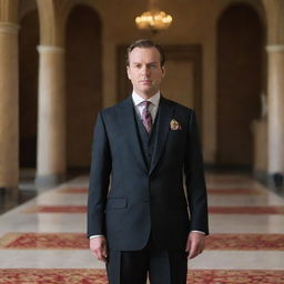 The king's minister, wearing a formal attire, standing in a grand hall. His eyes reflect sharp intelligence and his pose radiates a sense of authority.