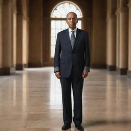 The king's minister, wearing a formal attire, standing in a grand hall. His eyes reflect sharp intelligence and his pose radiates a sense of authority.