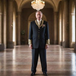 The king's minister, wearing a formal attire, standing in a grand hall. His eyes reflect sharp intelligence and his pose radiates a sense of authority.