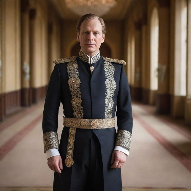 The king's minister, wearing a formal attire, standing in a grand hall. His eyes reflect sharp intelligence and his pose radiates a sense of authority.