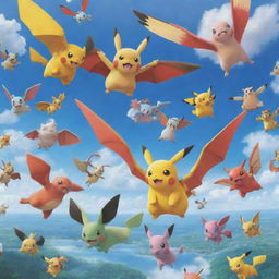 A sky filled with a diverse variety of Pokemon flying gracefully, creating a vibrant and playful atmosphere.