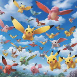 A sky filled with a diverse variety of Pokemon flying gracefully, creating a vibrant and playful atmosphere.