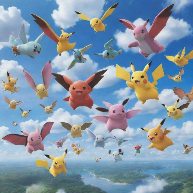 A sky filled with a diverse variety of Pokemon flying gracefully, creating a vibrant and playful atmosphere.