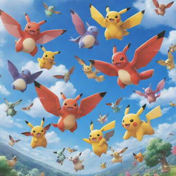 A sky filled with a diverse variety of Pokemon flying gracefully, creating a vibrant and playful atmosphere.