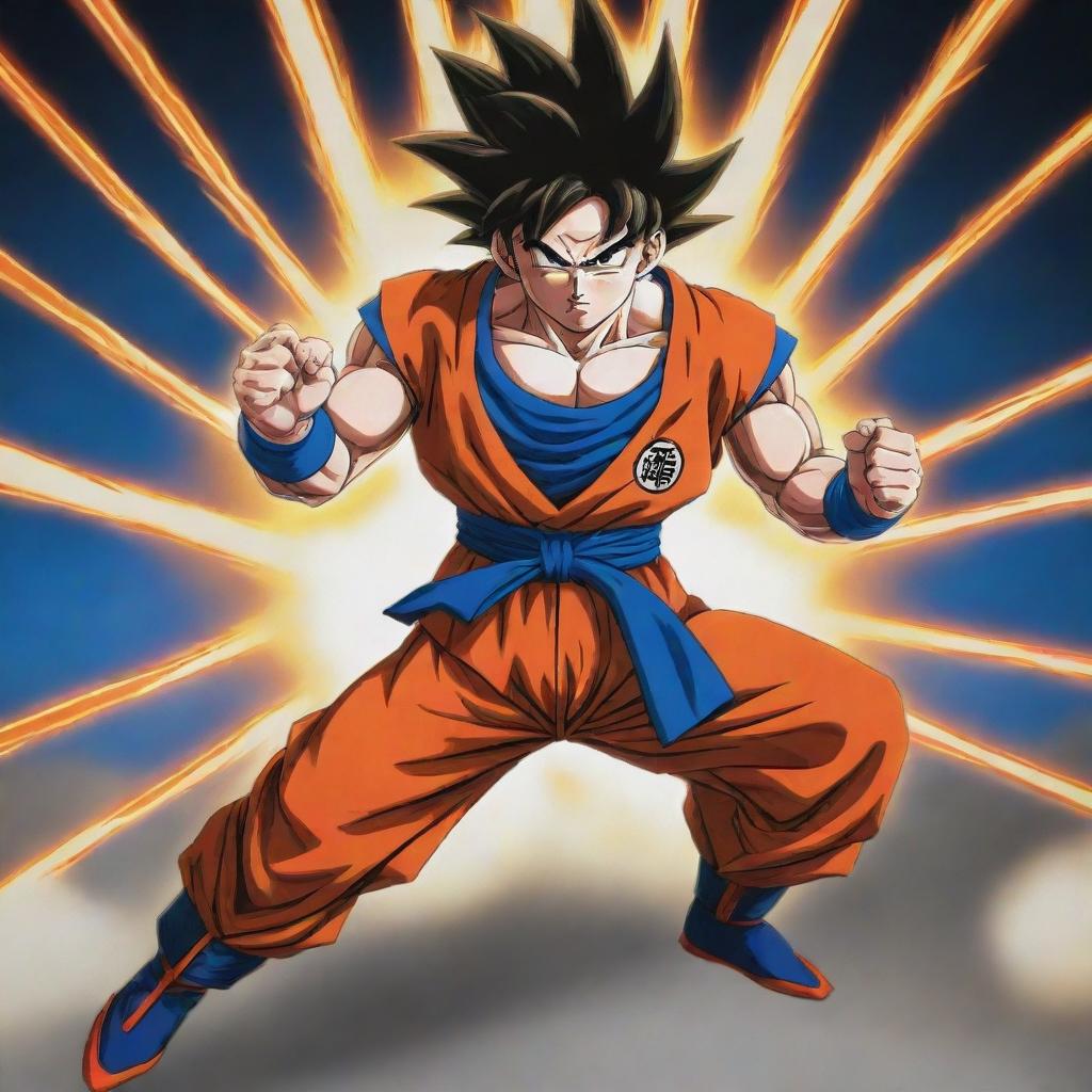 Goku from Dragon Ball series, in his iconic orange and blue gi, striking a powerful combat stance as energy emanates all around him.