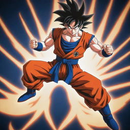 Goku from Dragon Ball series, in his iconic orange and blue gi, striking a powerful combat stance as energy emanates all around him.