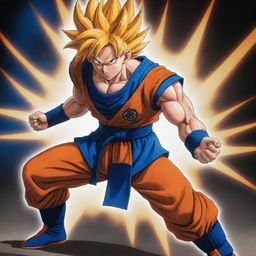 Goku from Dragon Ball series, in his iconic orange and blue gi, striking a powerful combat stance as energy emanates all around him.