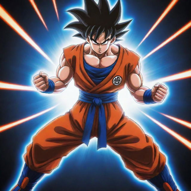 Goku from Dragon Ball series, in his iconic orange and blue gi, striking a powerful combat stance as energy emanates all around him.