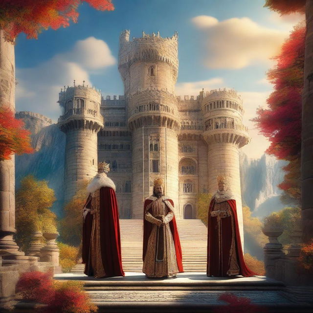 An epic digital art image of a grand castle in the backdrop, with three majestic figures standing at the forefront