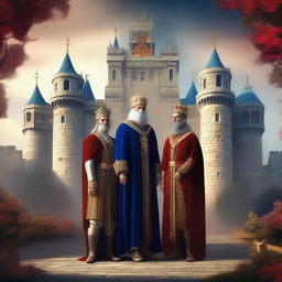 An epic digital art image of a grand castle in the backdrop, with three majestic figures standing at the forefront