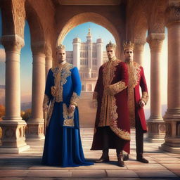 An epic digital art image of a grand castle in the backdrop, with three majestic figures standing at the forefront