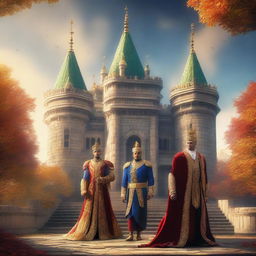 An epic digital art image of a grand castle in the backdrop, with three majestic figures standing at the forefront