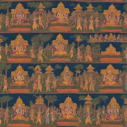 Vibrant and detailed scenes from the Ramayana, an ancient Indian epic. Include key characters like Rama, Sita, Lakshmana, Hanuman, and Ravana.