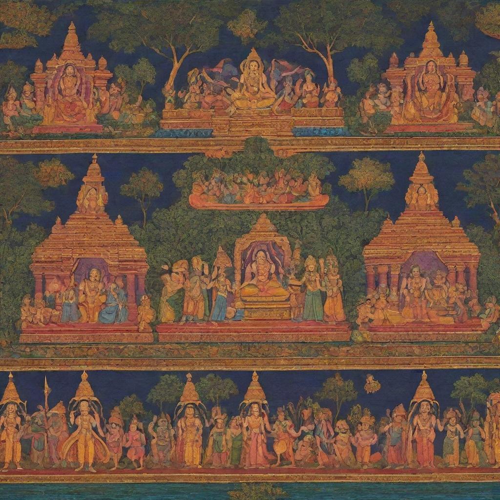 Vibrant and detailed scenes from the Ramayana, an ancient Indian epic. Include key characters like Rama, Sita, Lakshmana, Hanuman, and Ravana.