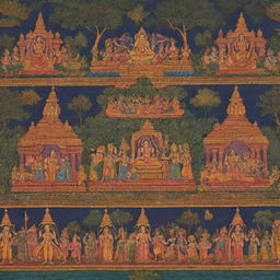 Vibrant and detailed scenes from the Ramayana, an ancient Indian epic. Include key characters like Rama, Sita, Lakshmana, Hanuman, and Ravana.