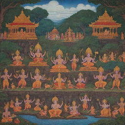 Vibrant and detailed scenes from the Ramayana, an ancient Indian epic. Include key characters like Rama, Sita, Lakshmana, Hanuman, and Ravana.