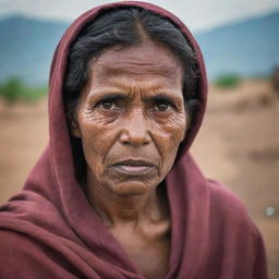 A resilient, poor woman facing hardships. Her expression reveals a sense of struggle, yet there's a clear determination in her eyes. Despite her threadbare clothing, she projects an air of strength.