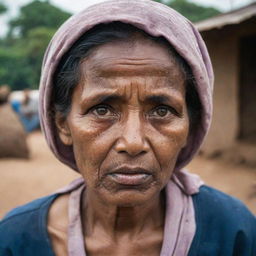 A resilient, poor woman facing hardships. Her expression reveals a sense of struggle, yet there's a clear determination in her eyes. Despite her threadbare clothing, she projects an air of strength.