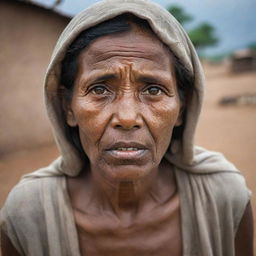 A resilient, poor woman facing hardships. Her expression reveals a sense of struggle, yet there's a clear determination in her eyes. Despite her threadbare clothing, she projects an air of strength.