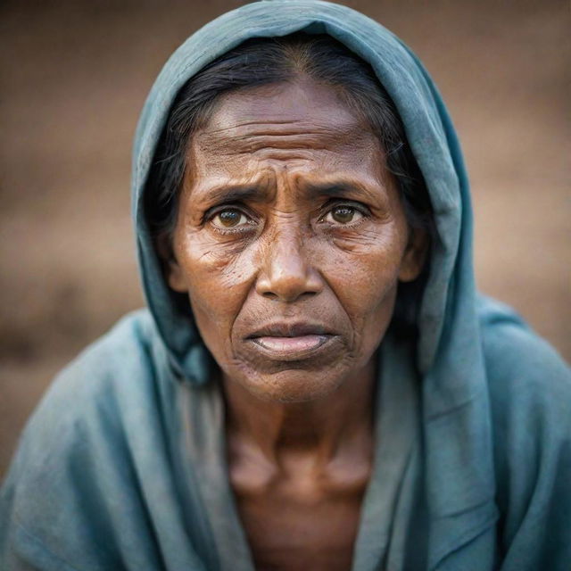 A resilient, poor woman facing hardships. Her expression reveals a sense of struggle, yet there's a clear determination in her eyes. Despite her threadbare clothing, she projects an air of strength.