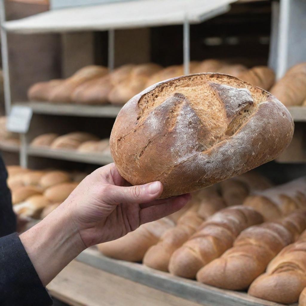 A weathered hand quickly snatching a loaf of bread from an open market stand. The quick action conveys an intense sense of desperation and need.