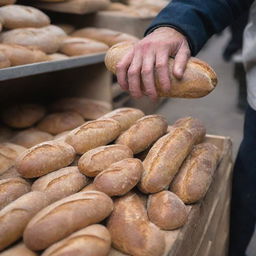 A weathered hand quickly snatching a loaf of bread from an open market stand. The quick action conveys an intense sense of desperation and need.