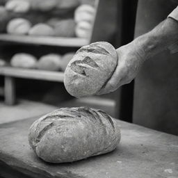 A weathered hand quickly snatching a loaf of bread from an open market stand. The quick action conveys an intense sense of desperation and need.