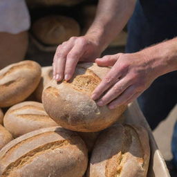 A weathered hand quickly snatching a loaf of bread from an open market stand. The quick action conveys an intense sense of desperation and need.