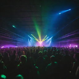 A vibrant rave party in a large, dimly lit warehouse. Neon lights, lasers, a DJ on stage, people dancing with glow sticks in their hands.