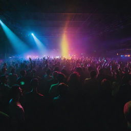 A vibrant rave party in a large, dimly lit warehouse. Neon lights, lasers, a DJ on stage, people dancing with glow sticks in their hands.