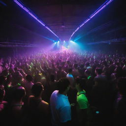 A vibrant rave party in a large, dimly lit warehouse. Neon lights, lasers, a DJ on stage, people dancing with glow sticks in their hands.