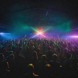 A vibrant rave party in a large, dimly lit warehouse. Neon lights, lasers, a DJ on stage, people dancing with glow sticks in their hands.