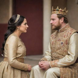 A kind king attentively listening to the concerns of a humble woman. His genuine interest and empathy are evident in his posture and facial expressions.