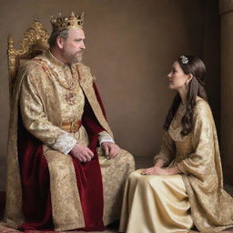 A compassionate king, dressed in royal attire, is attentively listening to a poor woman. The king's demeanor reflects understanding and consideration, denoting his concern for his subjects.