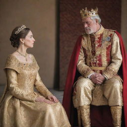 A compassionate king, dressed in royal attire, is attentively listening to a poor woman. The king's demeanor reflects understanding and consideration, denoting his concern for his subjects.